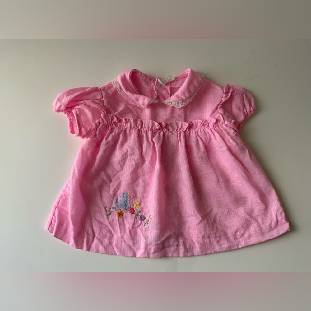 Vintage Pink Baby Dress with Embroidered Bird
